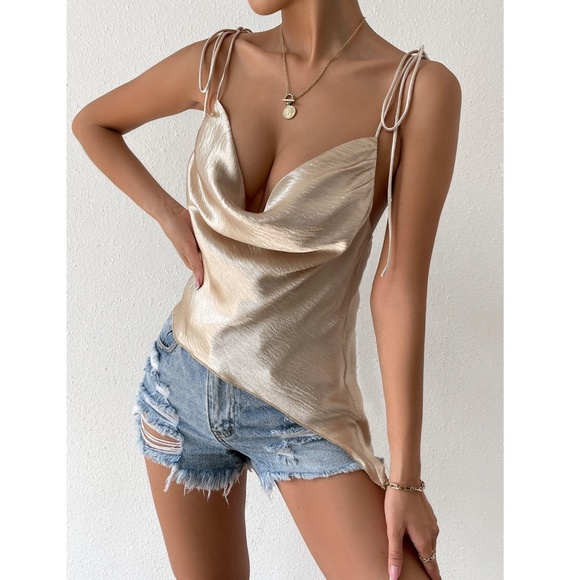 Champagne Color Glamorous Cowl Neck Ties Straps Camisole Top Satin - Picture 5 of 10